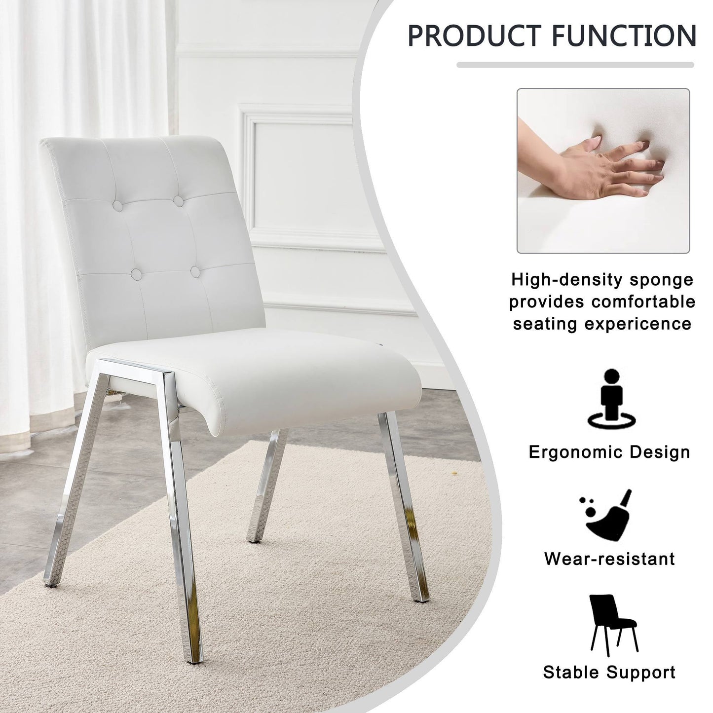 Grid shaped armless high back dining chair,2-piece set, office chair. Applicable to dining room, living room, kitchen and office.White  Chair and Electroplated metal leg