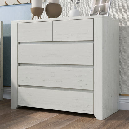 Off White Simple Style Manufacture Wood Chest with Gray Wood Grain Sticker Surfaces Five Drawers Large Storage Space for Living Room Bedroom Guest Room Children’s Room