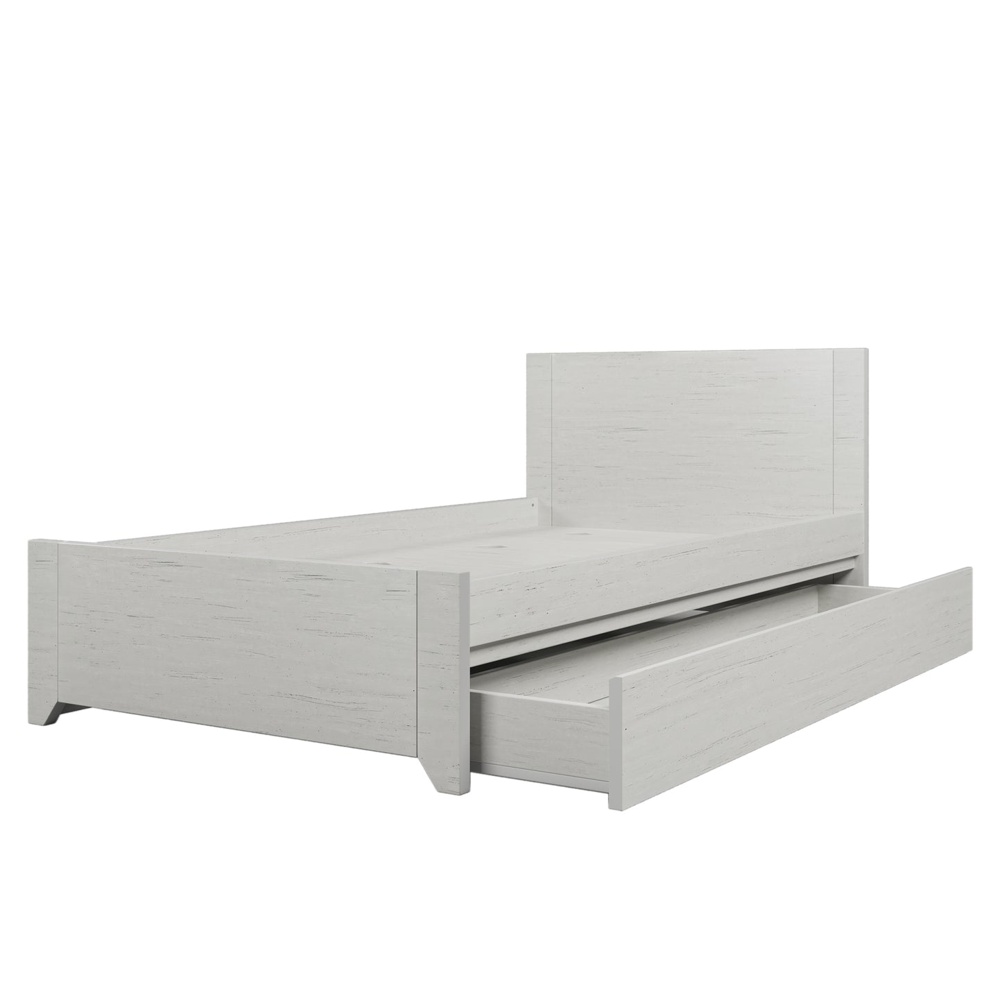 Off White Simple Style Manufacture Wood Twin Size Bed with Reversible Pull-out Storage Drawer Gray Wood Grain Sticker Surfaces for Limited Space Small Bedroom Guest Room Children's Room