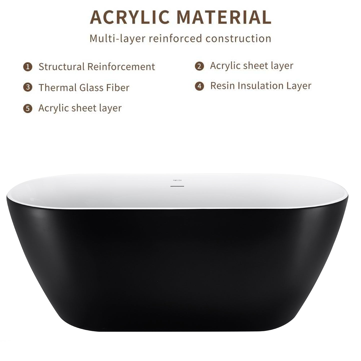 59" 100% Acrylic Freestanding Bathtub，Contemporary Soaking Tub，white inside black outside