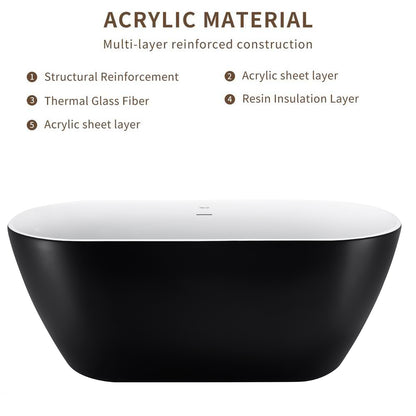 59" 100% Acrylic Freestanding Bathtub，Contemporary Soaking Tub，white inside black outside