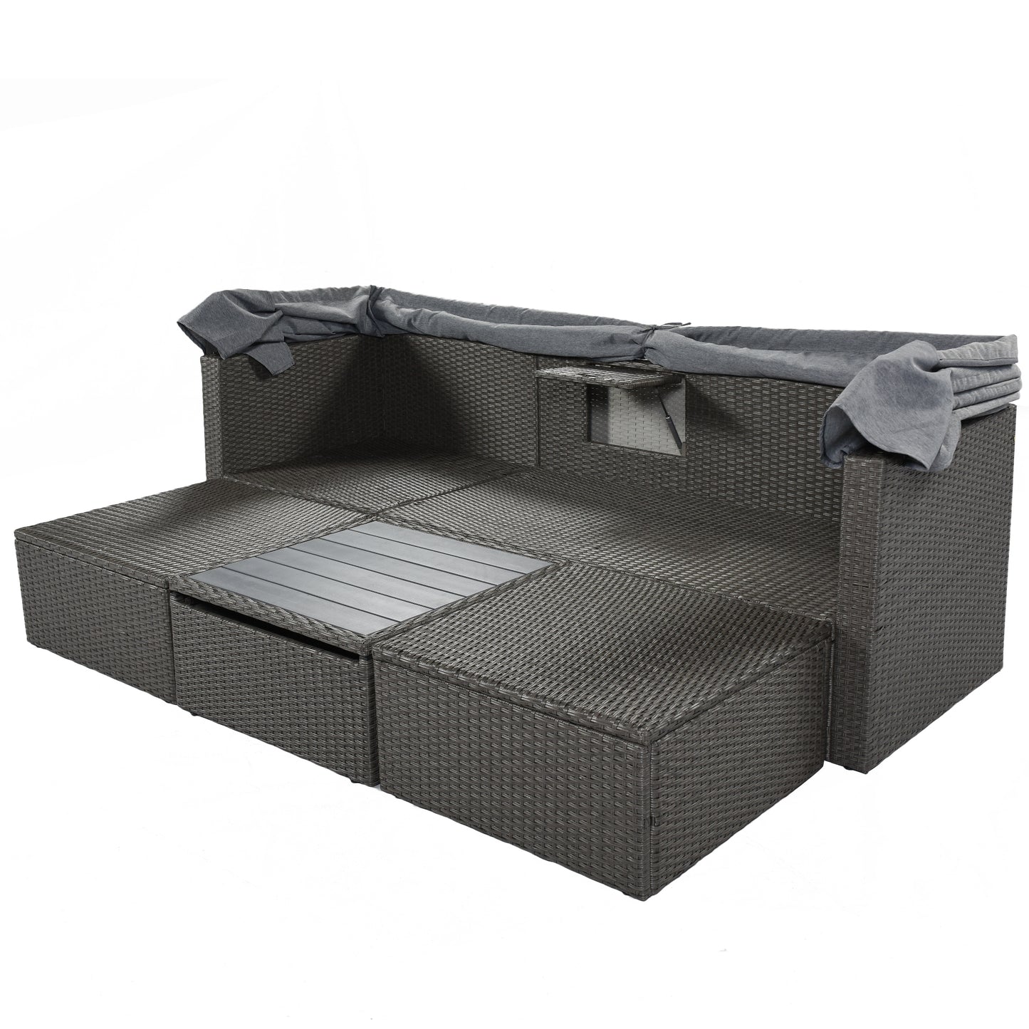 U_Style Outdoor Patio Rectangle Daybed with Retractable Canopy,  Wicker Furniture Sectional Seating with Washable Cushions, Backyard, Porch