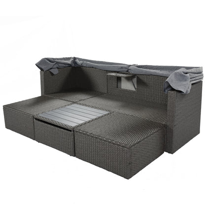 U_Style Outdoor Patio Rectangle Daybed with Retractable Canopy,  Wicker Furniture Sectional Seating with Washable Cushions, Backyard, Porch