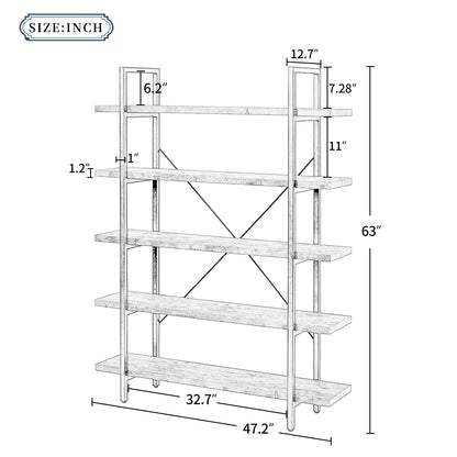 ON-TREND  5-tier Industrial Bookcase with Rustic Wood and Metal Frame, Large Open Bookshelf for Living Room（Distressed Brown）