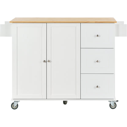 Rolling Mobile Kitchen Island with Solid Wood Top and Locking Wheels，52.7 Inch Width，Storage Cabinet and Drop Leaf Breakfast Bar，Spice Rack, Towel Rack & Drawer （White）