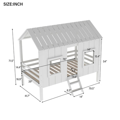 Twin Size Low Loft House Bed with Roof and Two Front Windows,White(OLD SKU:SM000703AAK)