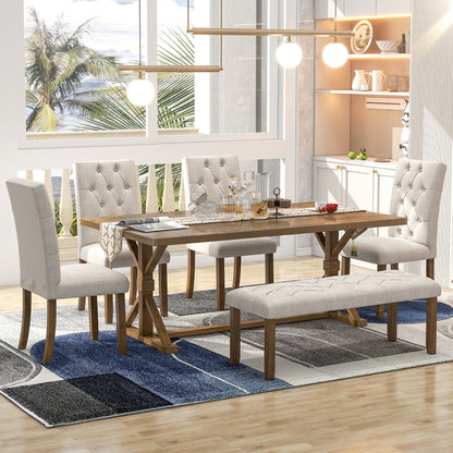 TREXM 6-Piece Farmhouse Dining Table Set 72" Wood Rectangular Table, 4 Upholstered Chairs with Bench (Walnut)