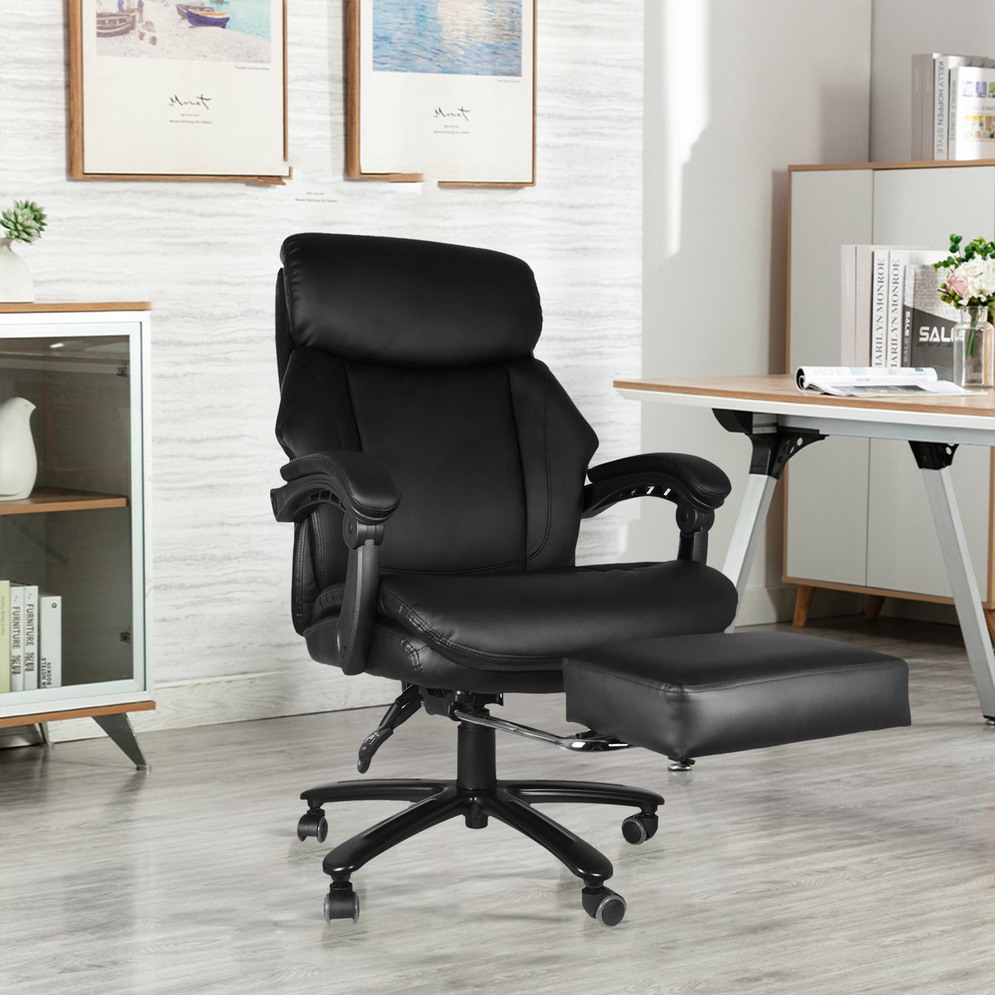 High Back Office  Chair with High Quality PU Leather, Soft Cushion and Footrest, Tilt Function Max 130°,400lbs,Black