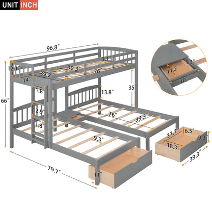 Twin over Twin & Twin Bunk Bed with Two Drawers and Built-in Middle Drawer, Gray