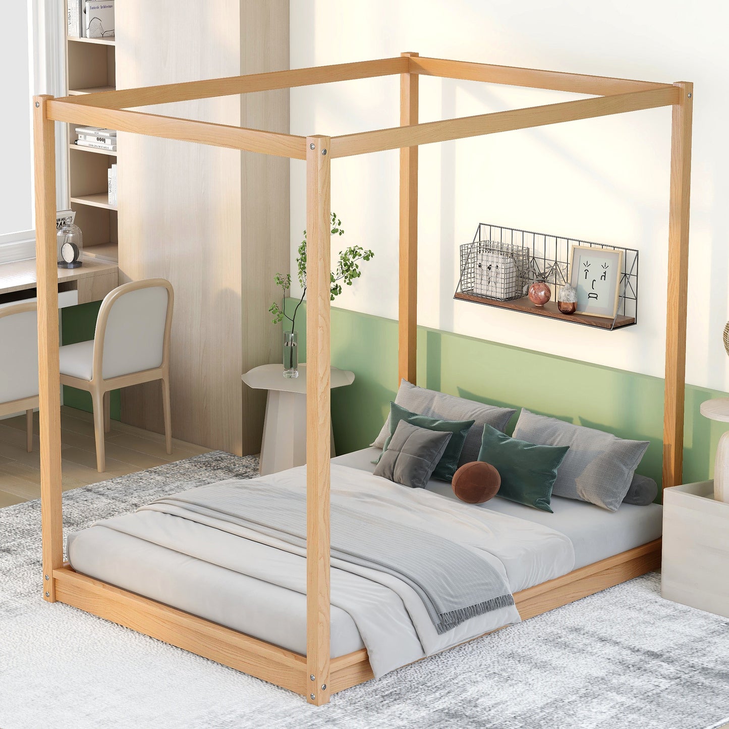 Full Size Canopy Platform Bed with Support Legs,Natural