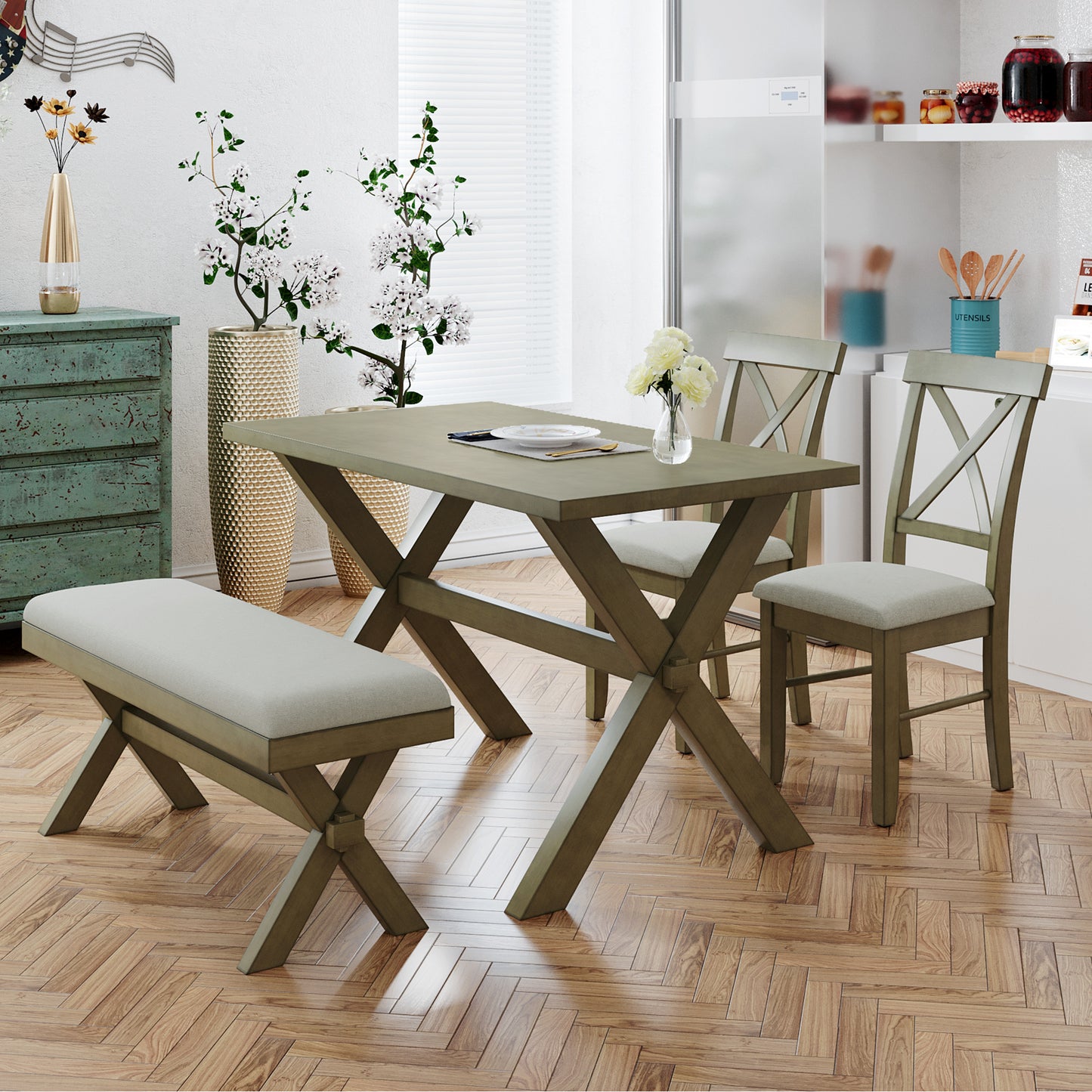 TOPMAX 4 Pieces Farmhouse Rustic Wood Kitchen Dining Table Set with Upholstered 2 X-back Chairs and Bench,Gray Green