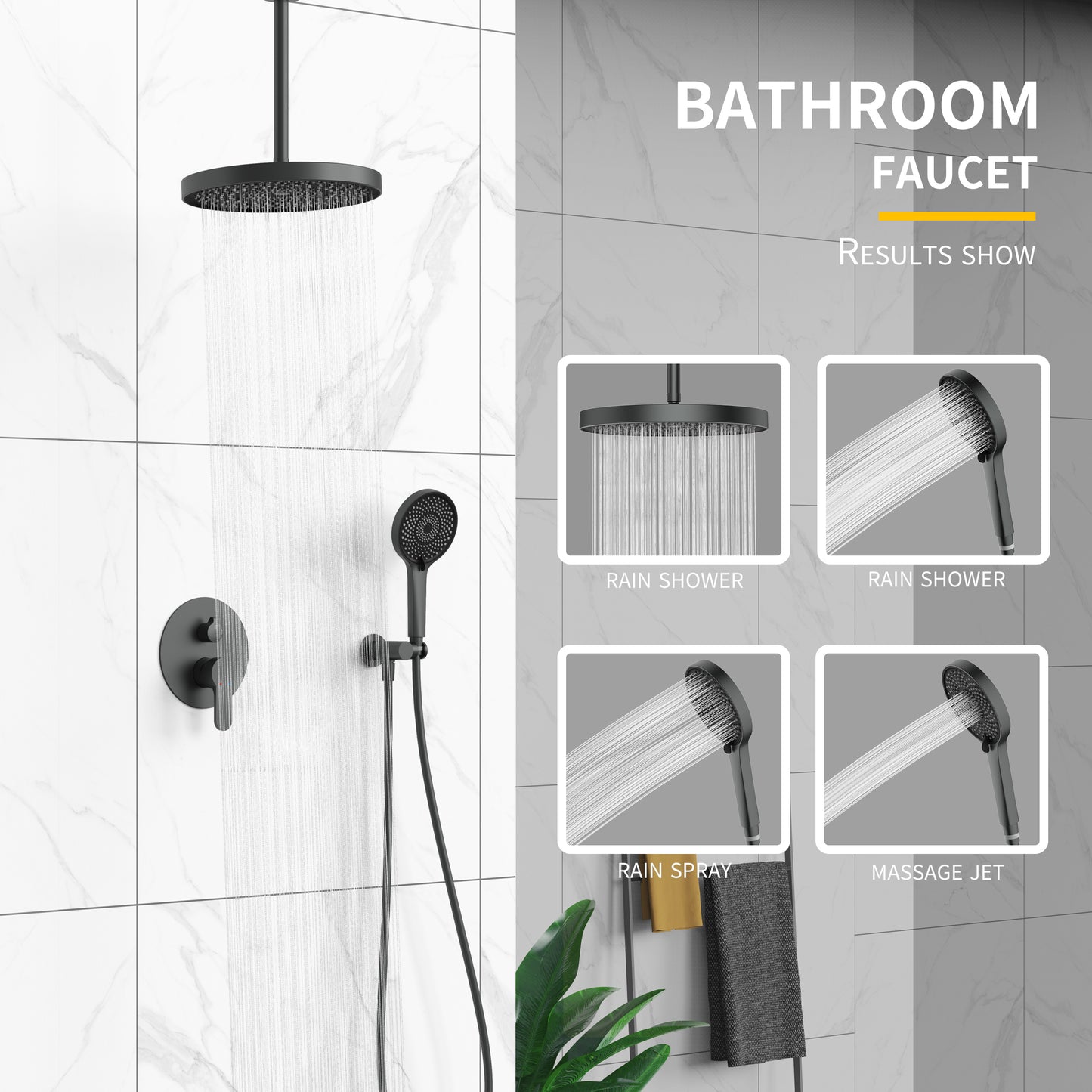 Shower System, Ultra-thin Wall Mounted Shower Faucet Set for Bathroom with High Pressure 12" Stainless Steel Rain Shower head Handheld Shower Set, 2 Way Pressure Balance Shower Valve Kit,Matte Black