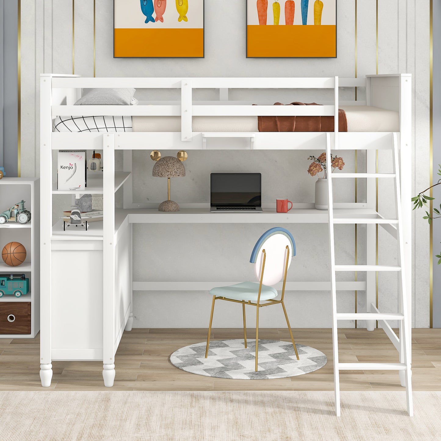 Full size Loft Bed with Drawers and Desk, Wooden Loft Bed with Shelves - White(OLD SKU:LT000529AAK)