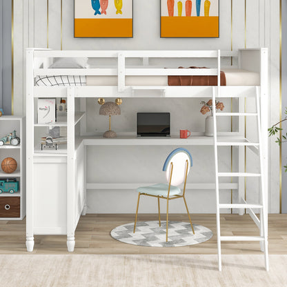 Full size Loft Bed with Drawers and Desk, Wooden Loft Bed with Shelves - White(OLD SKU:LT000529AAK)