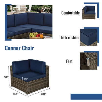 Outdoor Garden Patio Furniture 6-Piece Dark Gray PE Rattan Wicker Sectional Navy Cushioned Sofa Sets