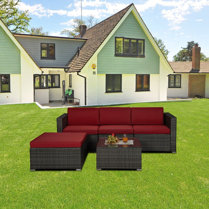 Outdoor Garden Patio Furniture 5-Piece Gray PE Rattan Wicker Sectional Red Cushioned Sofa Sets