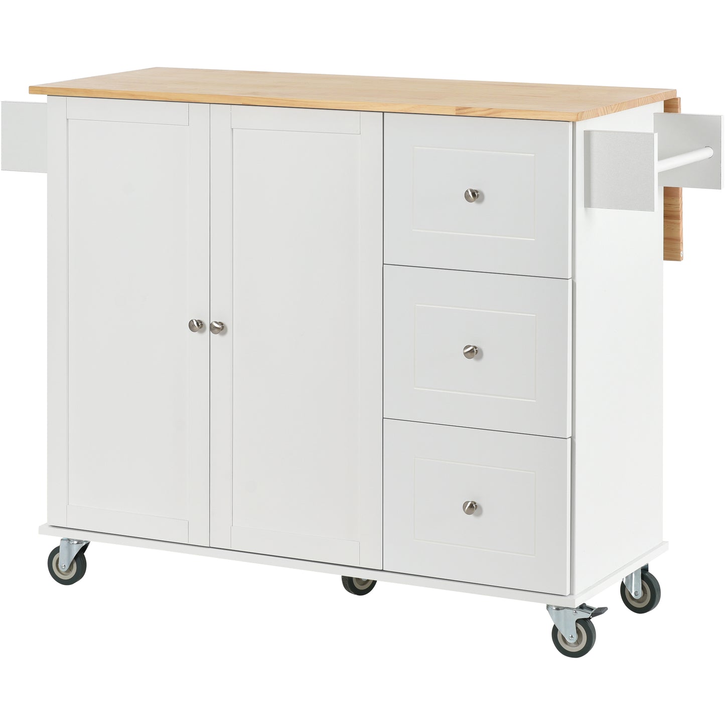 Rolling Mobile Kitchen Island with Solid Wood Top and Locking Wheels，52.7 Inch Width，Storage Cabinet and Drop Leaf Breakfast Bar，Spice Rack, Towel Rack & Drawer （White）