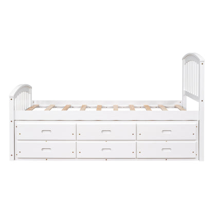 Twin Size Platform Storage Bed Solid Wood Bed with 6 Drawers,White