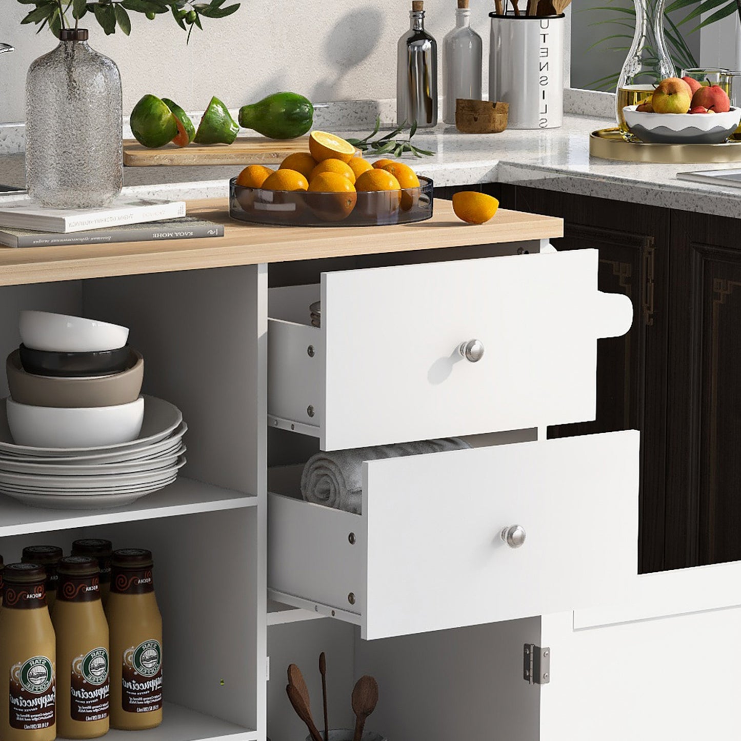 K&K Store Kitchen Cart on 4 Wheels with 2 Drawers and 3 Open Shelves, Kitchen Island with Rubber Wood top for Dinning Room, White