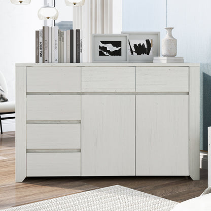 Off White Simple Style Manufacture Wood Dresser with Gray Wood Grain Sticker Surfaces Six Drawers and Two Level Cabinet Large Storage Space for Living Room Bedroom Guest Room Children’s Room