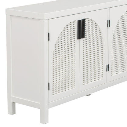 TREXM Large Storage Space Sideboard with Artificial Rattan Door and metal handles for Living Room and Entryway (White)