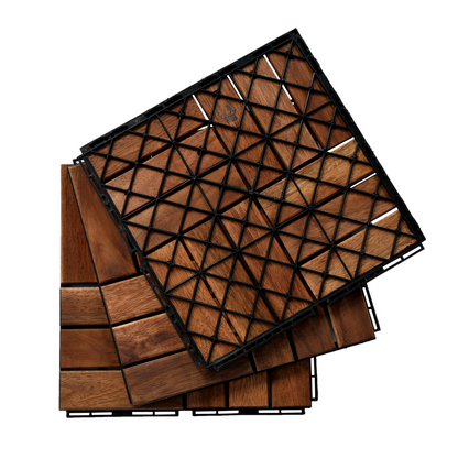 12" x 12" Square Acacia Wood Interlocking Flooring Tiles Checker Pattern Pack of 10 Tiles