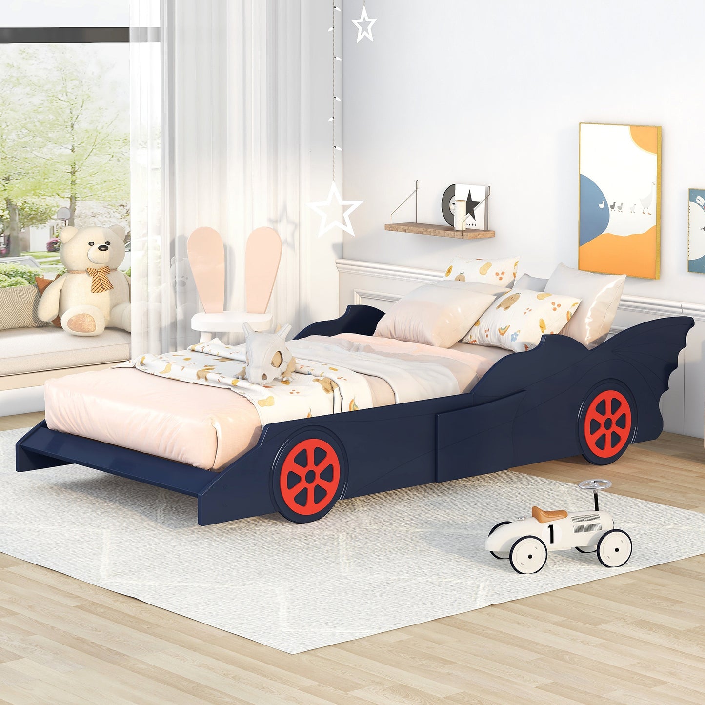 Twin Size Race Car-Shaped Platform Bed with Wheels,Blue+Red