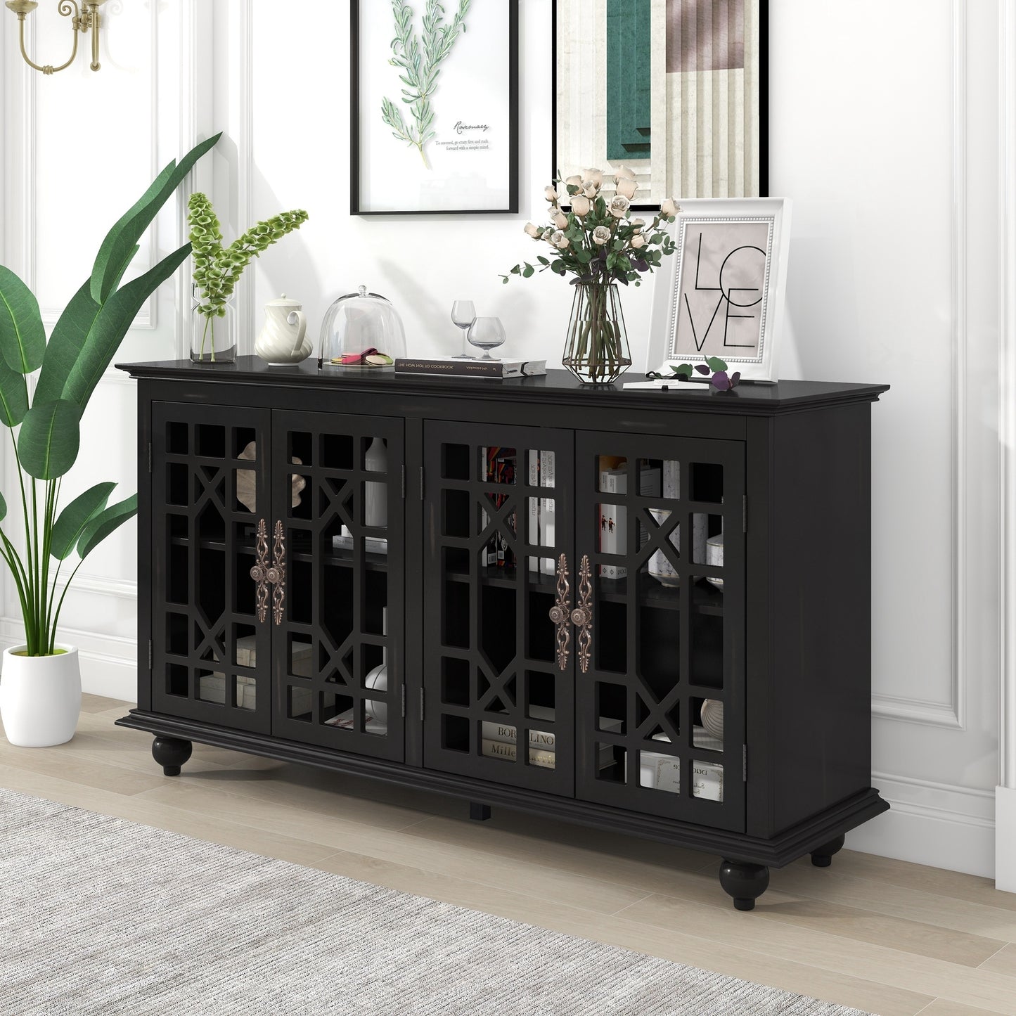 TREXM Sideboard with Adjustable Height Shelves, Metal Handles, and 4 Doors for Living Room, Bedroom, and Hallway (Espresso)