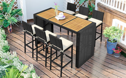 TOPMAX Outdoor Patio 7-Piece Rattan Dining Table Set, PE Wicker Bar Furniture Set with Wood Tabletop and 6 Dining Chairs for Backyard, Garden, Black Rattan+Beige Cushion