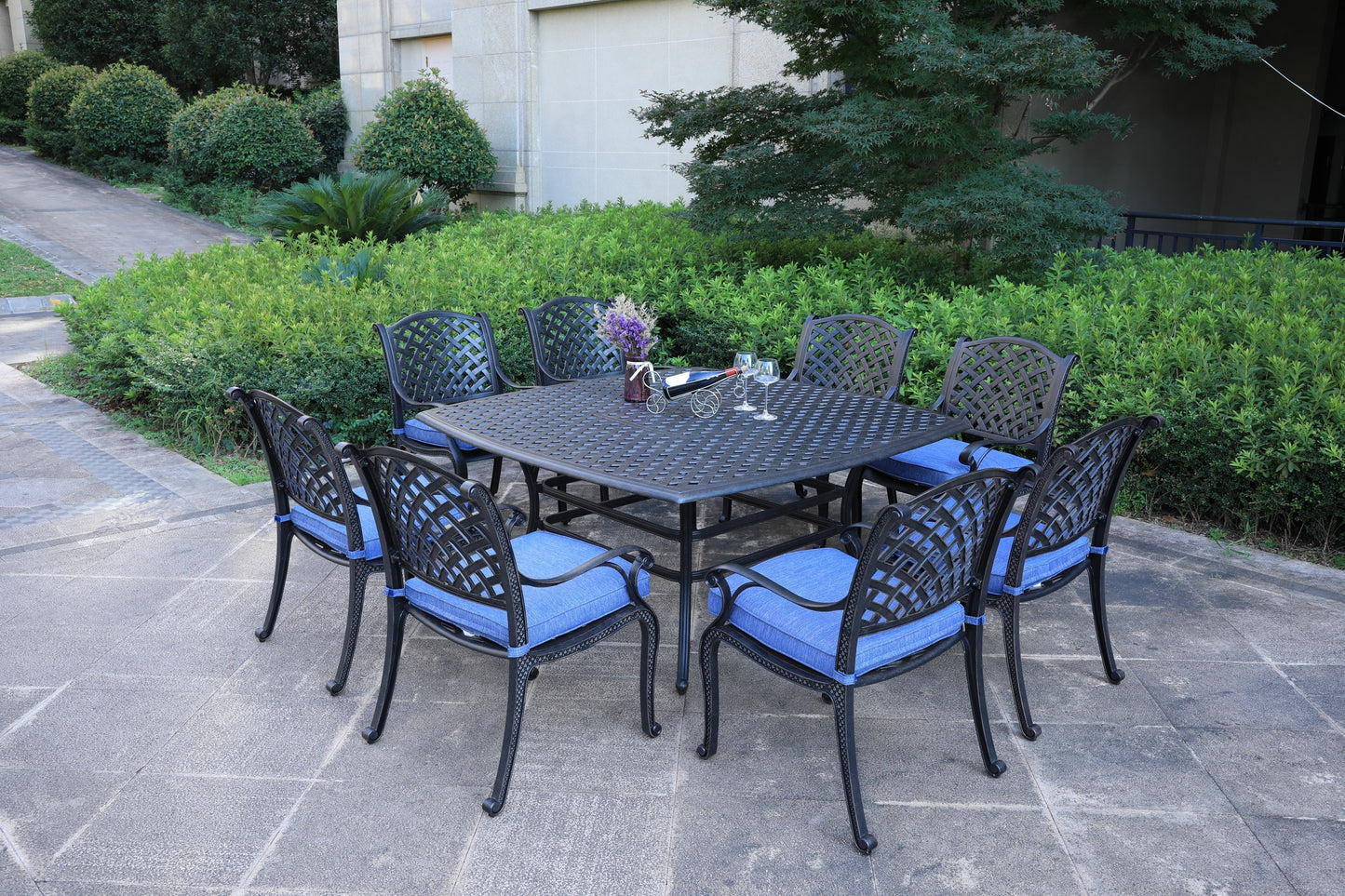 Square 8 - Person 63.98" Long Dining Set with Navy Blue Cushions