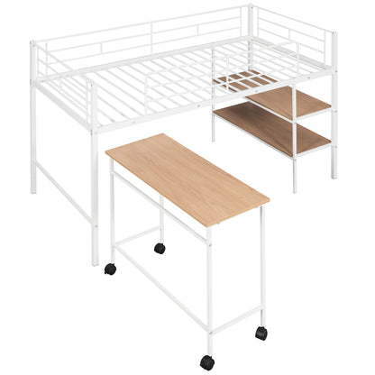 Twin Size Metal Loft Bed with Desk and Shelves,White