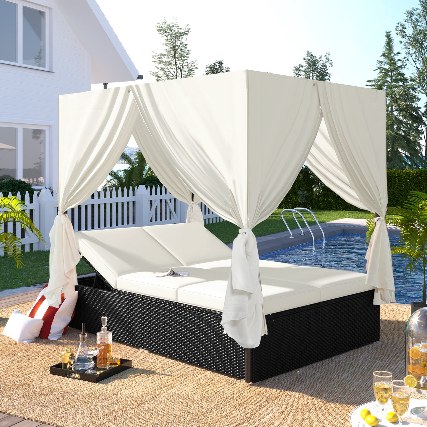 U_STYLE Outdoor Patio Wicker Sunbed Daybed with Cushions, Adjustable Seats