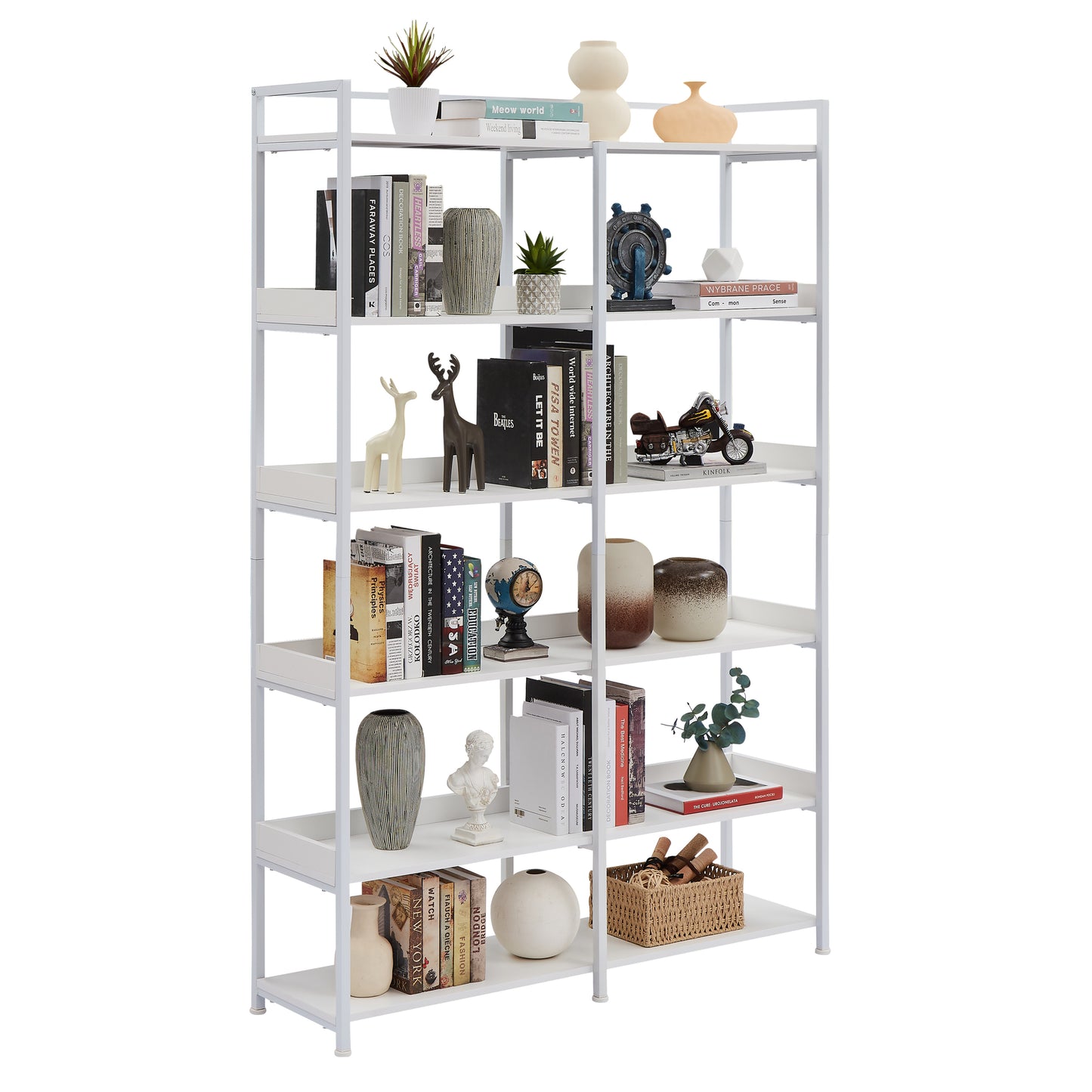 70.8 Inch Tall Bookshelf MDF Boards Stainless Steel Frame, 6-tier Shelves with Back&Side Panel, Adjustable Foot Pads, White