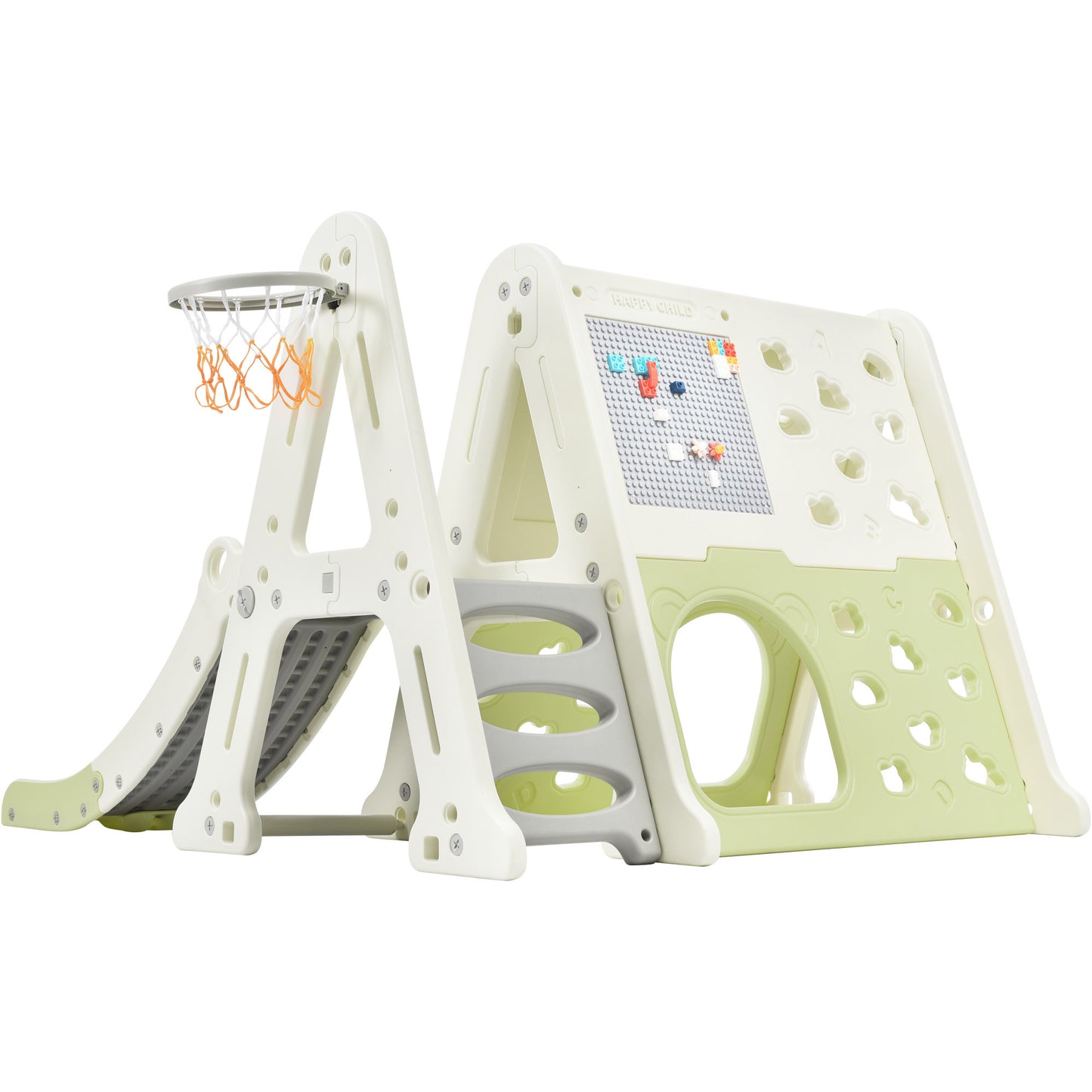 7-in-1 Toddler Climber and Slide Set Kids Playground Climber Slide Playset with Tunnel, Climber, Whiteboard,Toy Building Block Baseplates, Basketball Hoop Combination for Babies