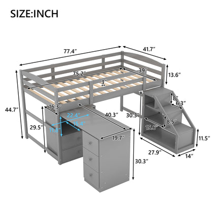 Twin Size Loft Bed with Multifunctional Movable Built-in Desk and and Staircase,Gray(OLD SKU:GX000925AAK)