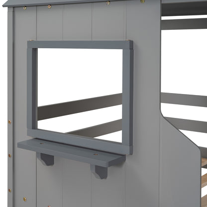 Twin Over Twin Bunk Bed Wood Bed with Roof, Window, Guardrail, Ladder (Gray)(OLD SKU :LP000045AAE)