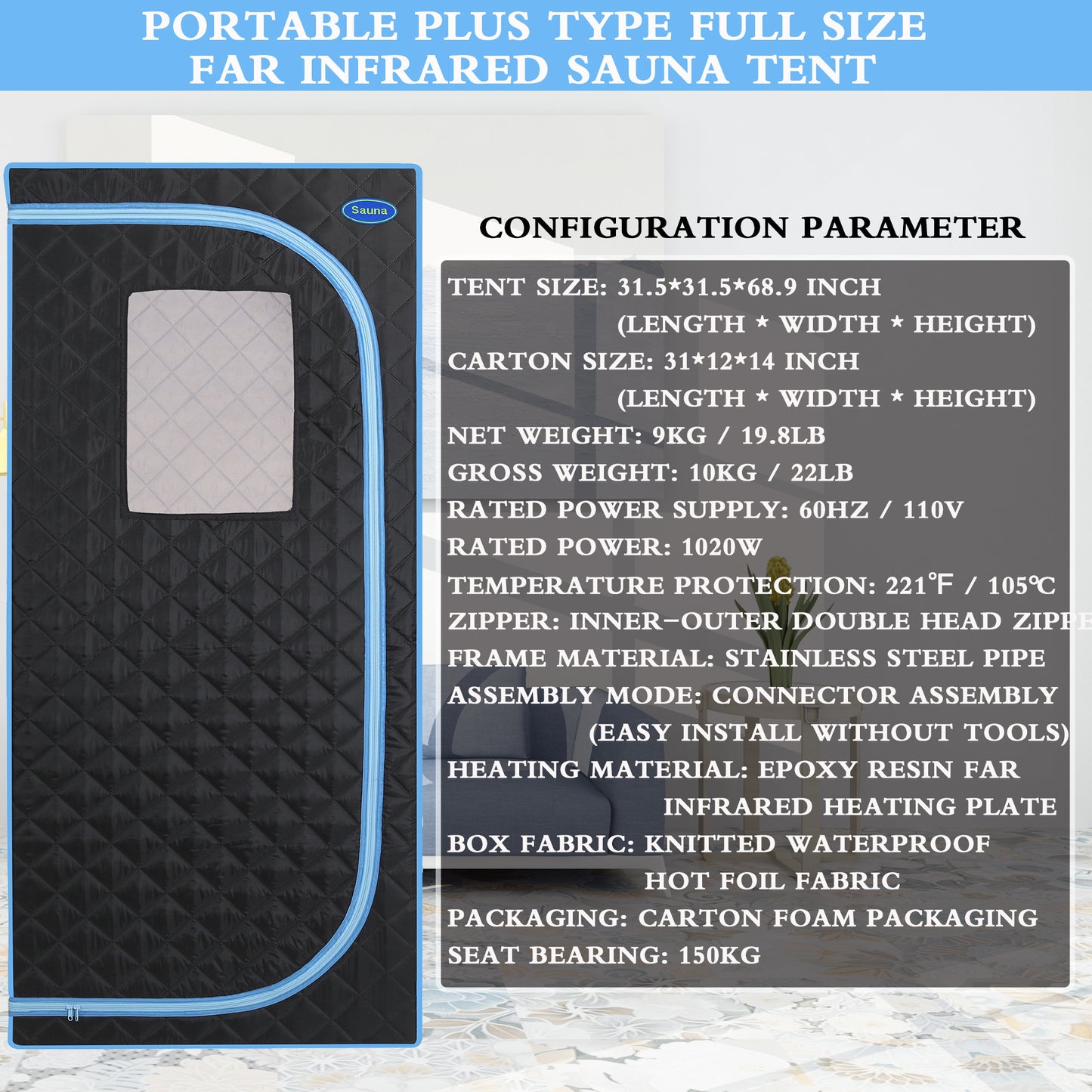 Portable Plus Type Full Size Far Infrared Sauna tent. Spa, Detox ,Therapy and Relaxation at home.Larger Space,Stainless Steel Pipes Connector Easy to Install.FCC Certification--Black(Blue binding)