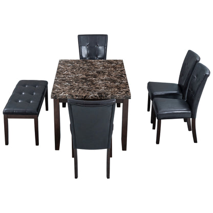 6-piece Faux Marble Dining Table Set  with one Faux Marble Dining Table ,4 Chairs and 1 Bench, Table: 66”x38”x 30”,Chair: 20.2”x28.5”x39”, Black