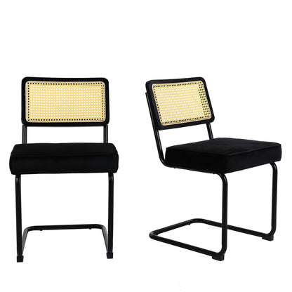 Dining Chairs 2pcs, Velvet Side Chairs Rattan Chairs with Cane Back & Stainless Chrome Base, Modern Mid Century Breuer Designed Chairs, Upholstered Dining Living Room Kitchen Chairs, Black