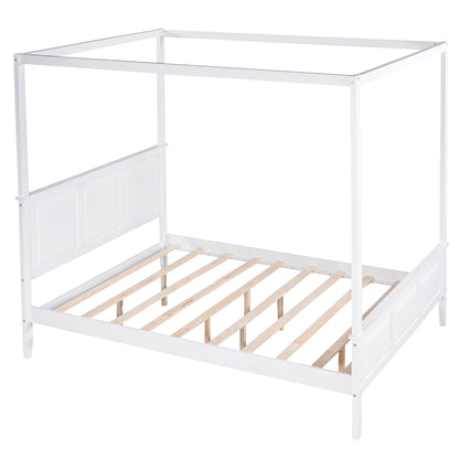 Queen Size Canopy Platform Bed with Headboard and Footboard,Slat Support Leg,White