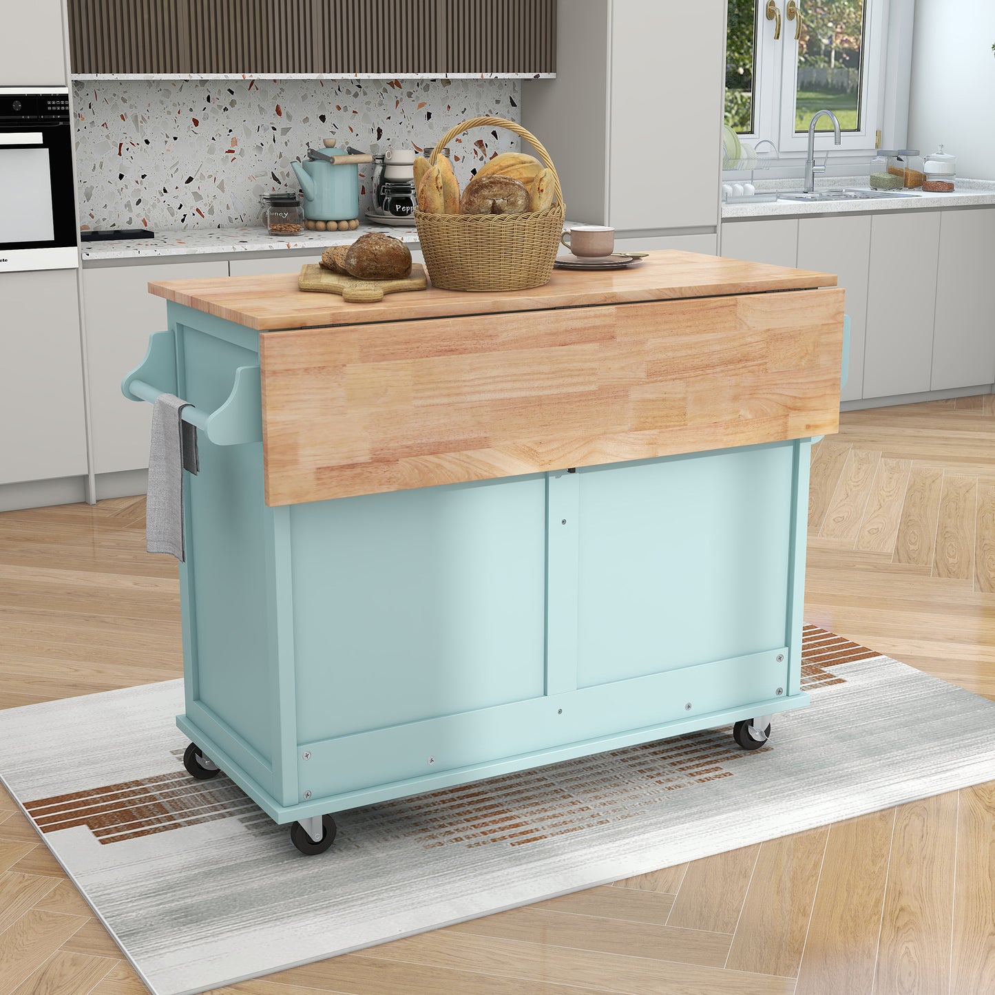 K&K Kitchen Cart with Rubber wood Drop-Leaf Countertop, Concealed sliding barn door adjustable height,Kitchen Island on 4 Wheels with Storage Cabinet and 2 Drawers,L52.2xW30.5xH36.6 inch, Mint Green