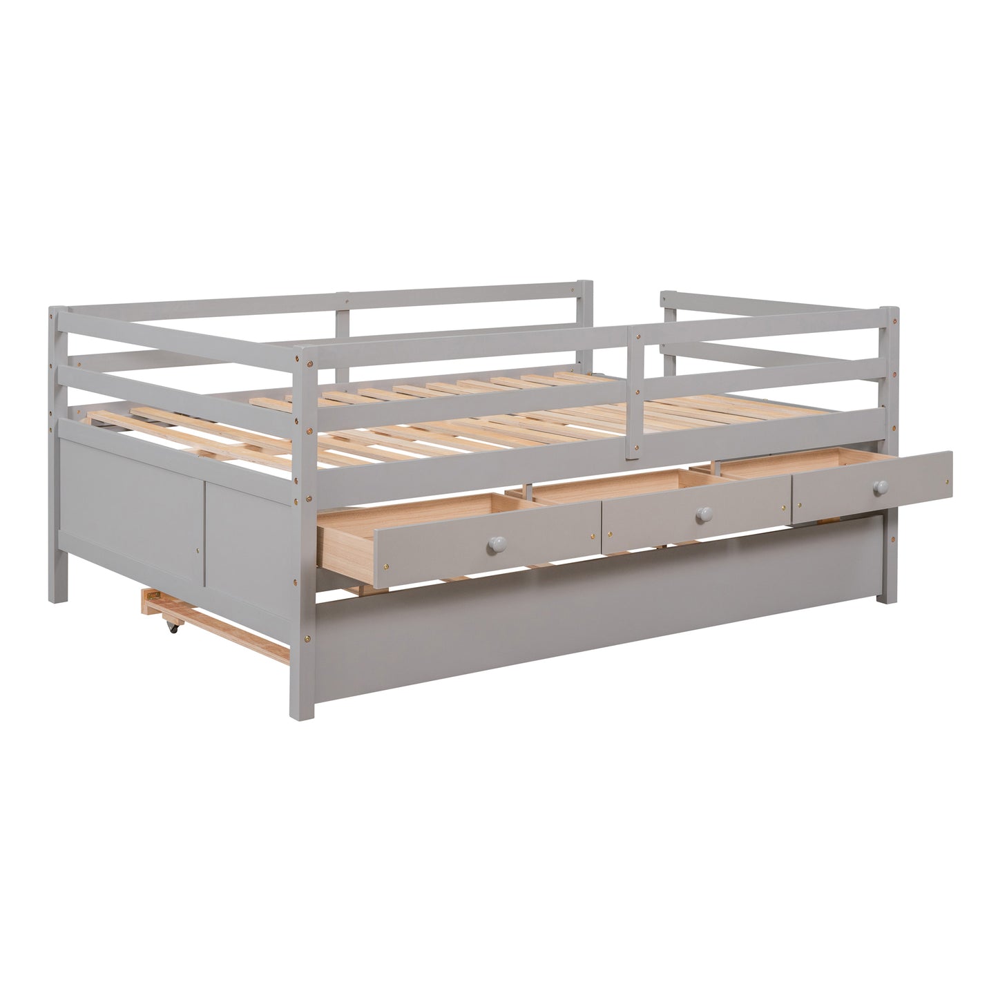 Low Loft Bed Full Size with Full Safety Fence, Climbing ladder, Storage Drawers and Trundle Gray Solid Wood Bed