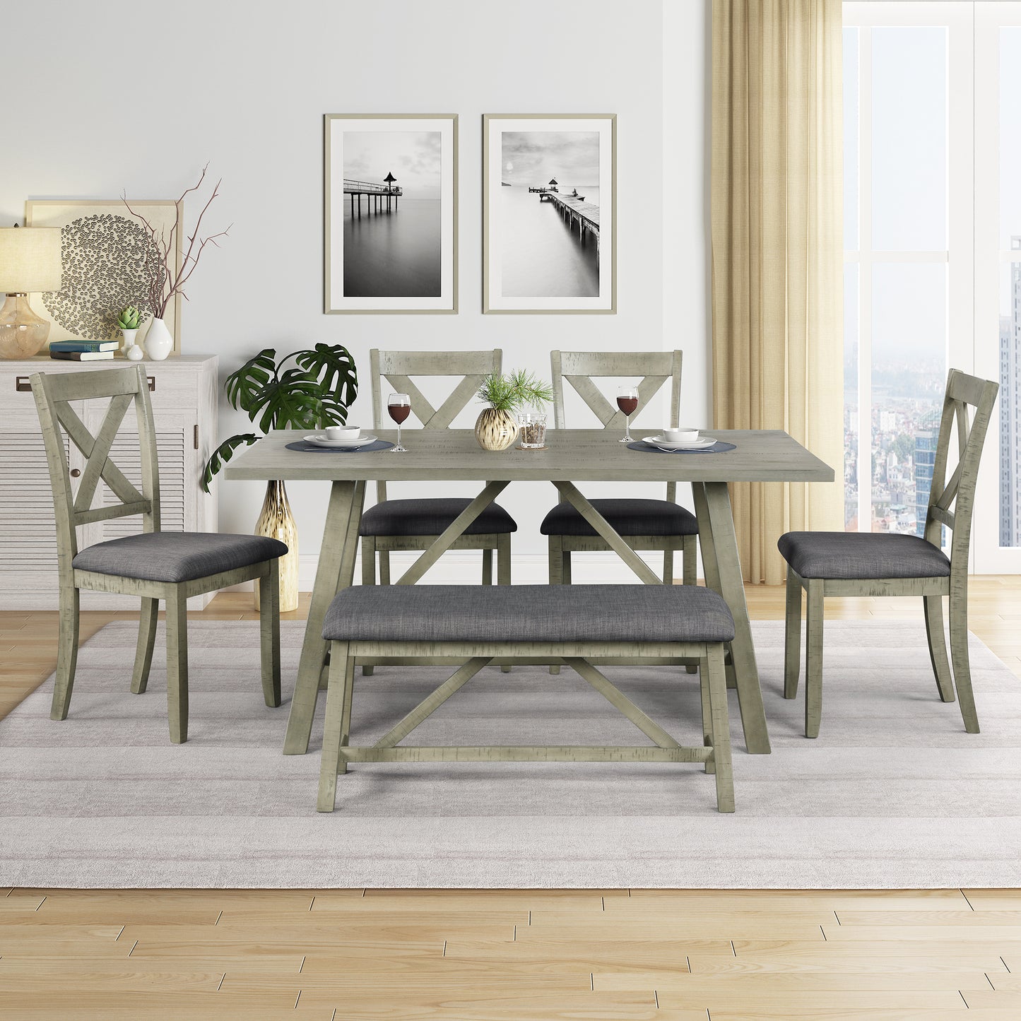 TOPMAX 6 Piece Dining Table Set Wood Dining Table and chair Kitchen Table Set with Table, Bench and 4 Chairs, Rustic Style, Gray(No Difference with SH000109AAE）