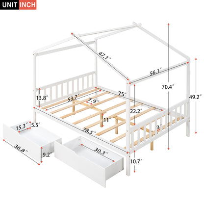 Full Size House Platform Bed with Two Drawers,Headboard and Footboard,Roof Design,White