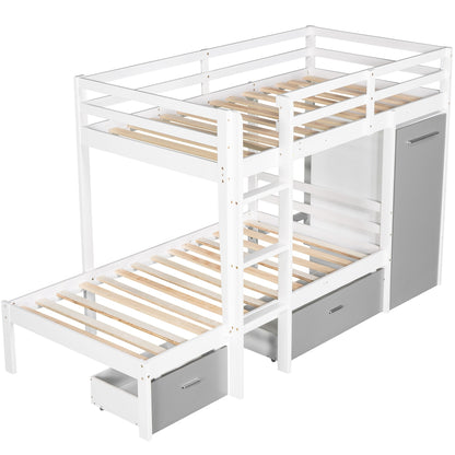 Twin over Twin Bunk Bed with Built-in Storage Wardrobe and Two Drawers, White