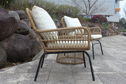 3PCS Outdoor Patio Balcony Natural Color Wicker Chair Set with Beige Cushion and Round Tempered Glass Table