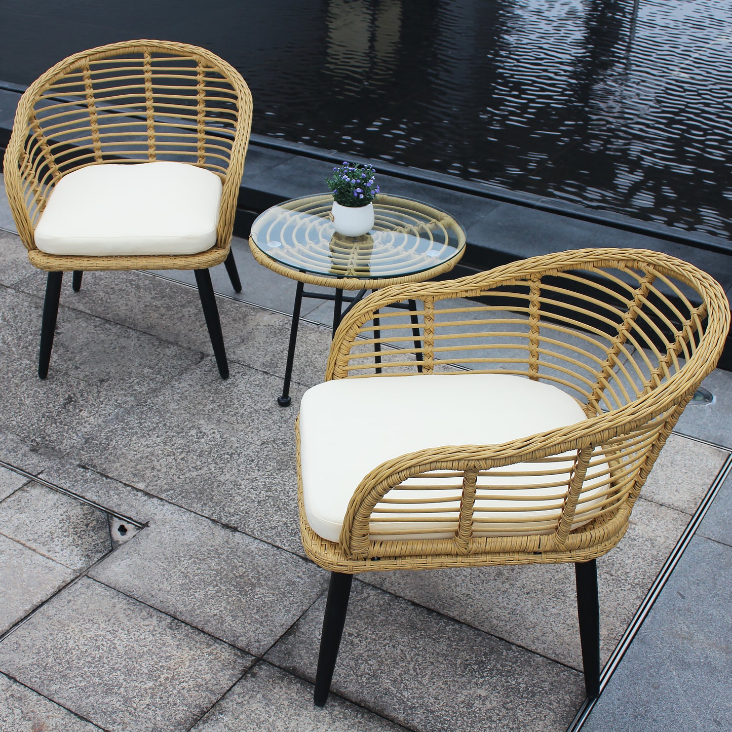 3 Pieces Outdoor Patio Balcony Natural Yellow Wicker Chair Table Set with Beige Cushion and Tempered Glass Table Top