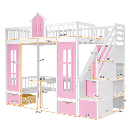 Twin-Over-Twin Bunk Bed with Changeable Table , Bunk Bed  Turn into Upper Bed and Down Desk with 2 Drawers - Pink