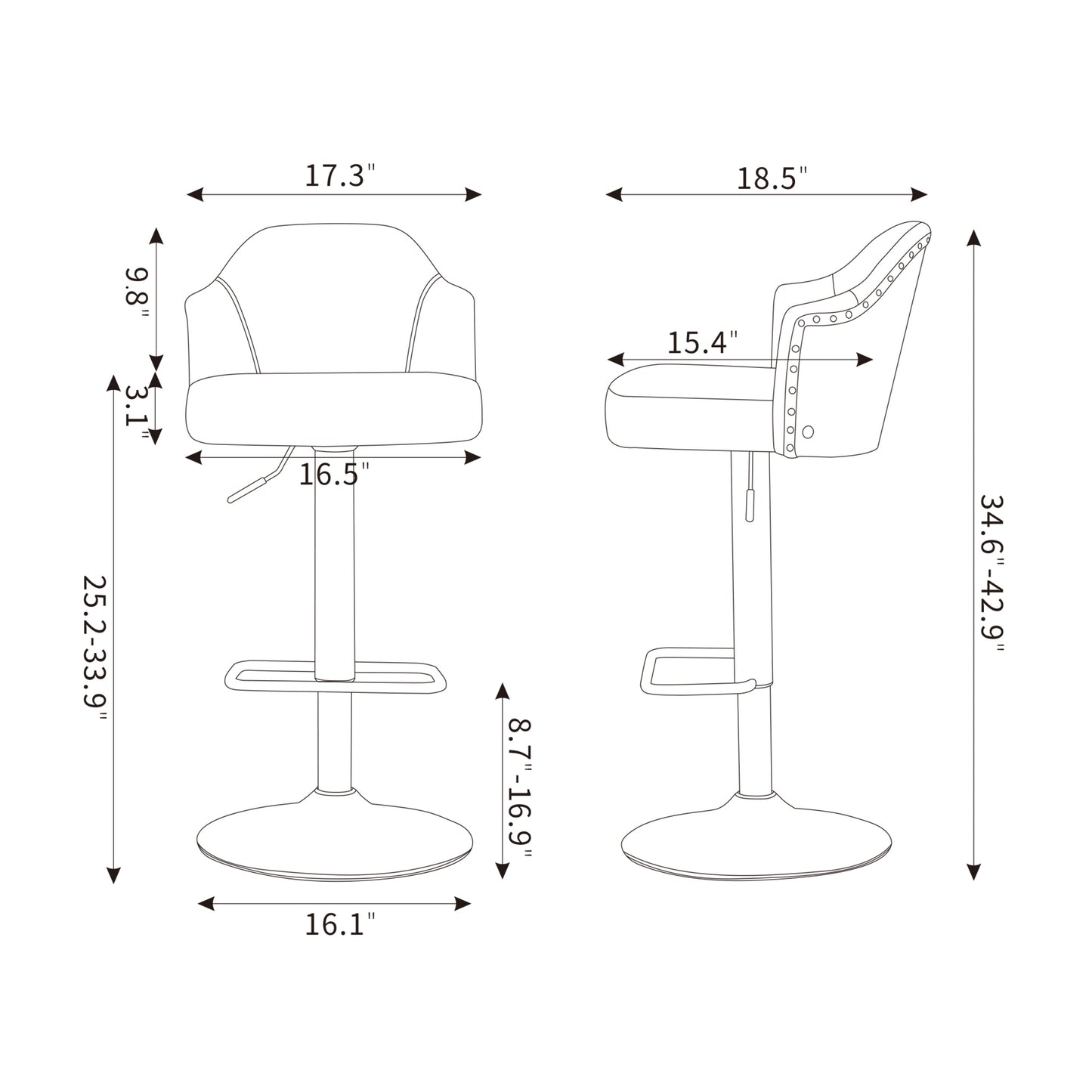 Set of 2 Counter Swivel Bar Stools Adjustable Bent Wood Back Chrome Nailhead Trim Barstools with Back for Kitchen Counter Tall Bar Height Chairs Toweling fabric High Stools for Kitchen Island