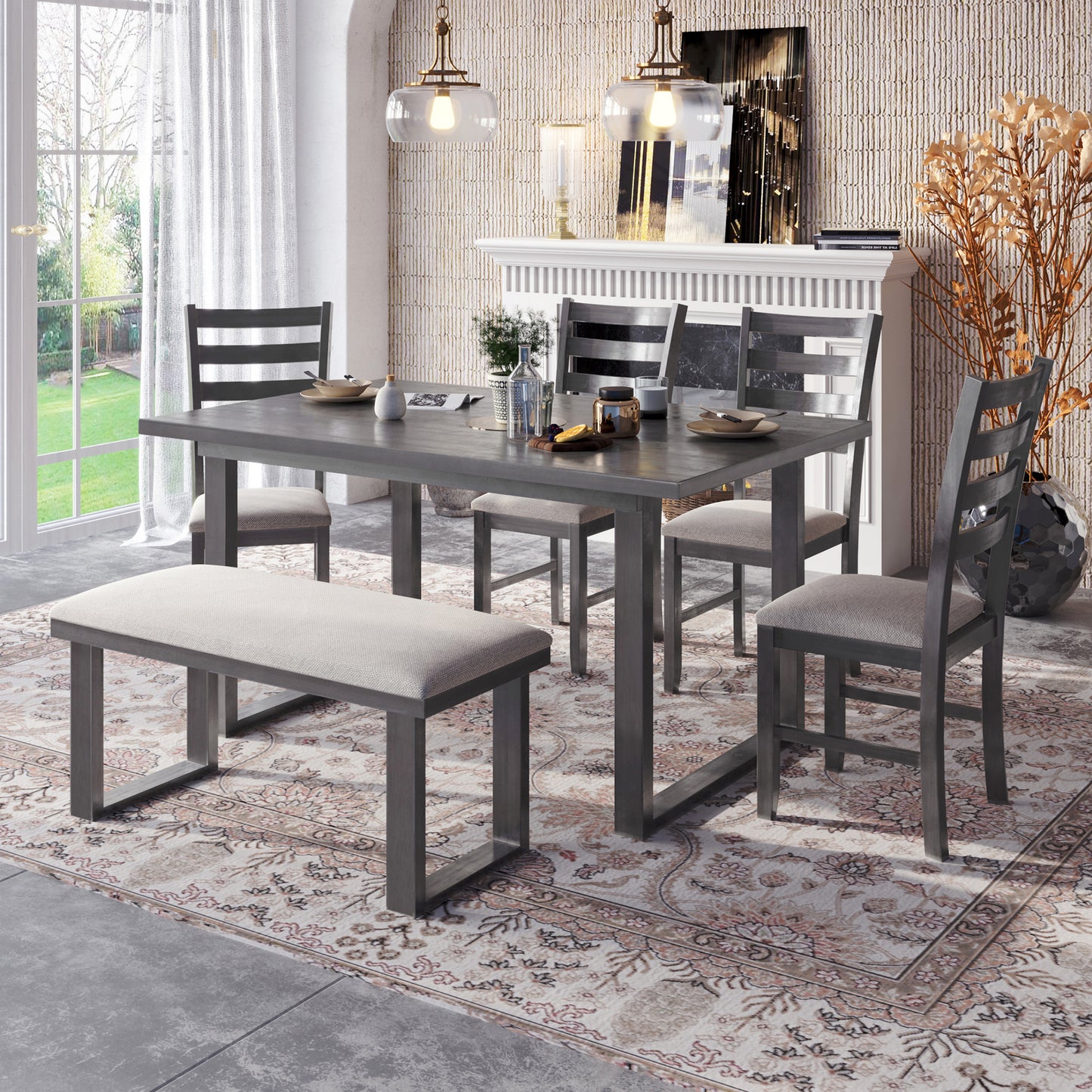 TREXM 6-Pieces Family Furniture, Solid Wood Dining Room Set with Rectangular Table & 4 Chairs with Bench(Gray)